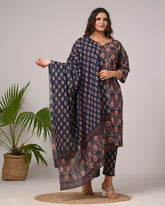 Plus Size Navy Blue Cotton Printed Kurta Pant Set with Dupatta-200027